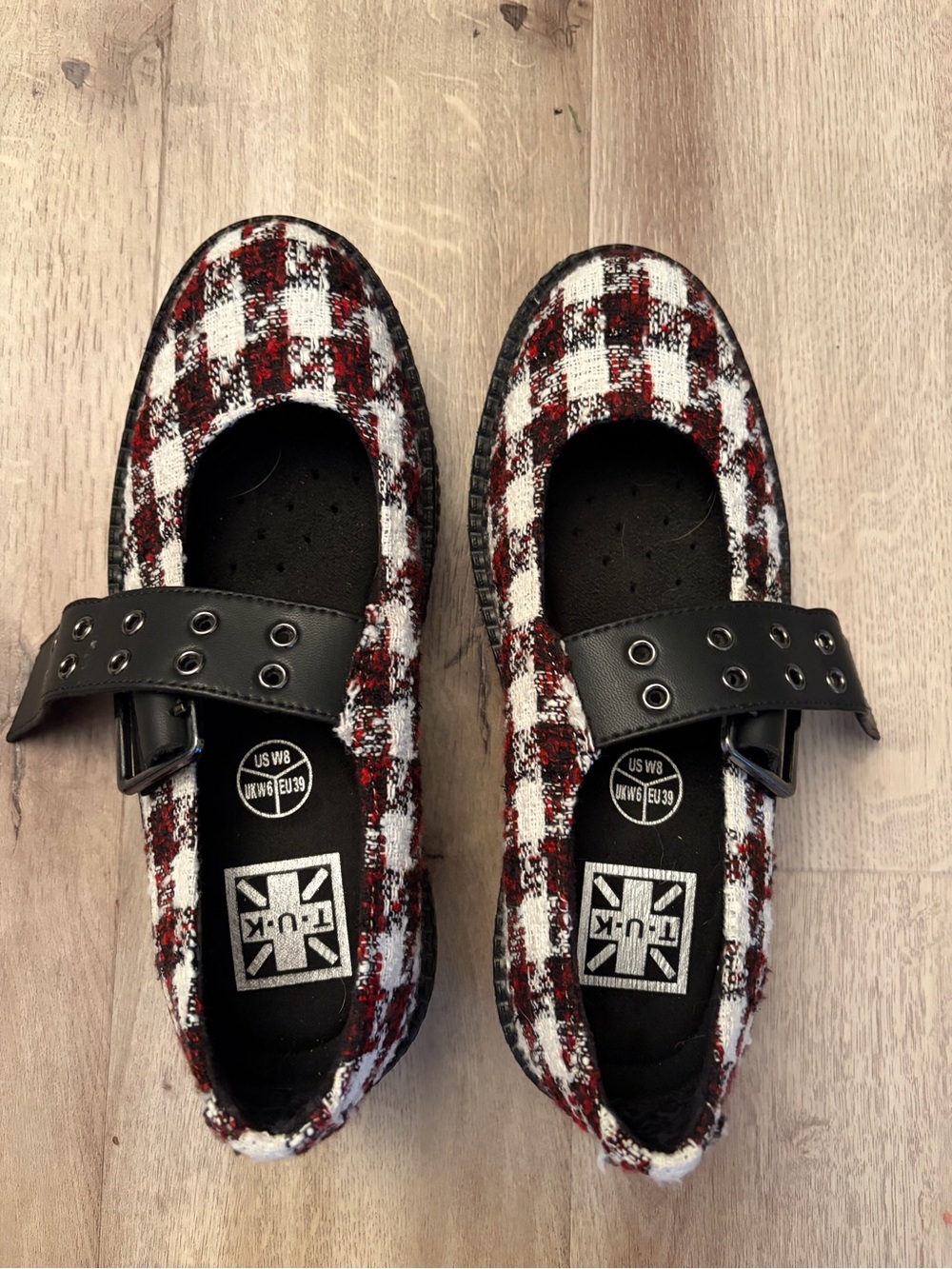 T.U.K Red & White Plaid Mary Janes with Black Buckle Strap